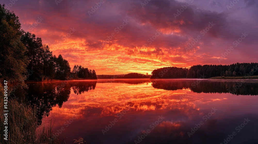 Fototapeta premium Vibrant sunrise reflecting on a tranquil lake's surface.