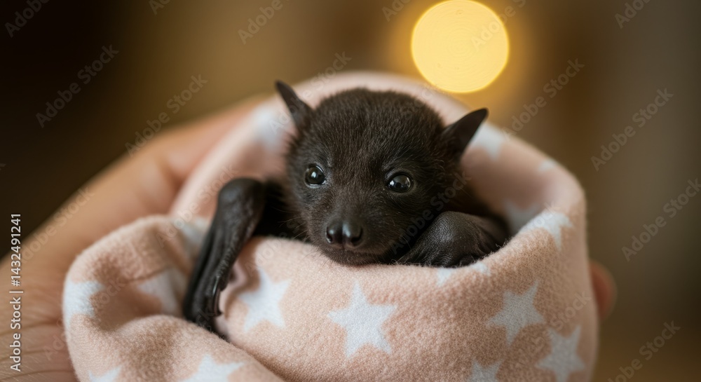 Obraz premium Sweet baby bat snuggles in a cozy blanket.