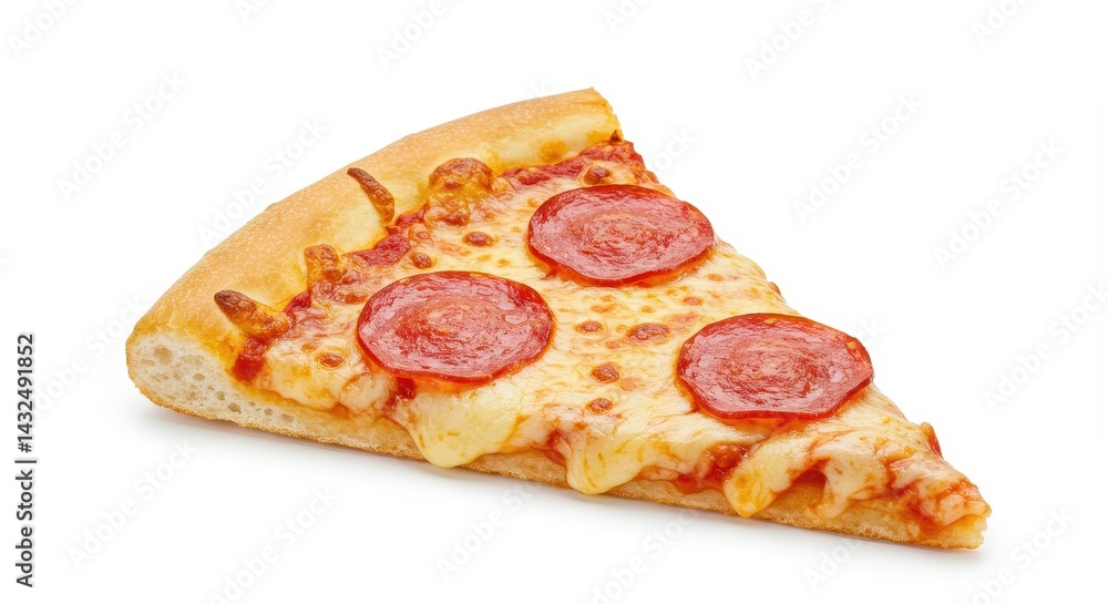A single slice of pepperoni pizza with melted cheese on a white background in a studio shot A single slice of pepperoni pizza with melted cheese on a white background in a studio shot