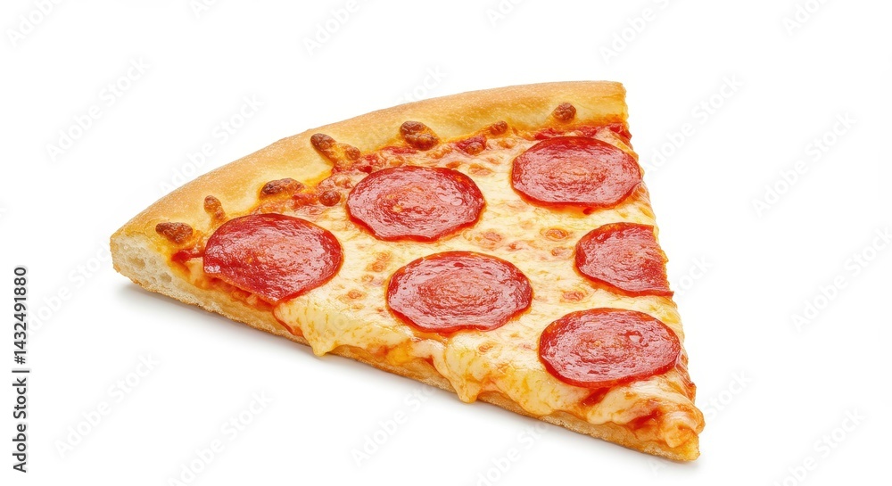 A single slice of pepperoni pizza with a golden crust isolated against a white background in close up view A single slice of pepperoni pizza with a golden crust isolated against a white background in close up view