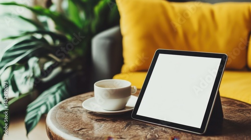 A tablet on a coffee table with a blank screen for text or apps.