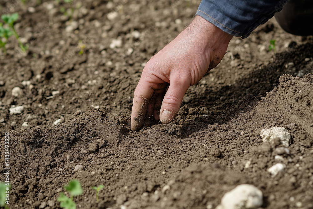 Farmer Hand Checking Soil in Vegetable Garden
