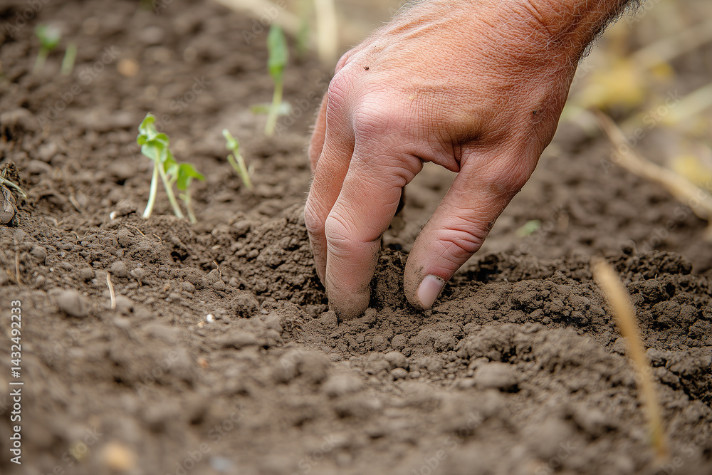 Farmer Hand Checking Soil in Vegetable Garden