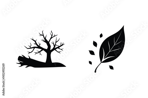 Silhouette Vector Illustration Of A Fallen Tree And A Leaf Symbolizing Seasons