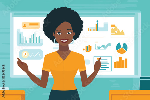 African woman leading a workshop in front of a whiteboard with business strategy icons vector illustration