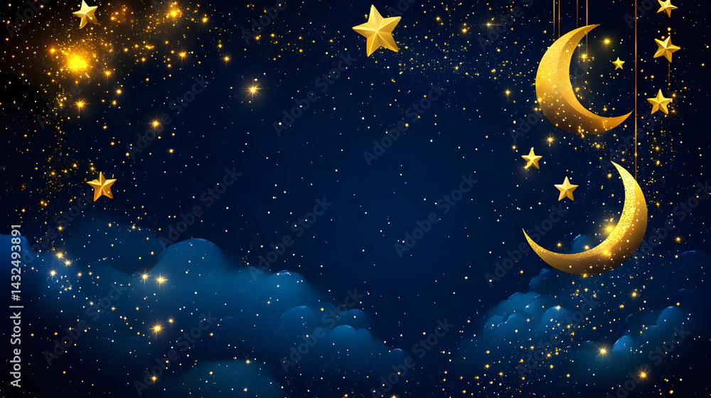 Naklejka premium Golden Moons & Stars Night Sky Sparkle