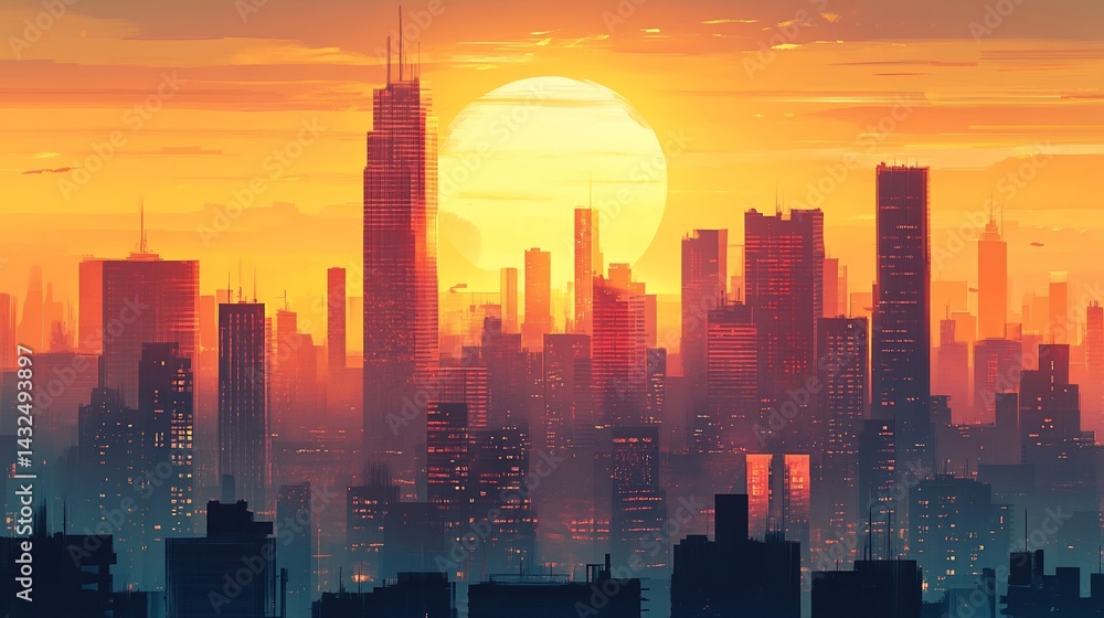 Fototapeta premium Cityscape painted with fiery hues of sunset over architectural marvels