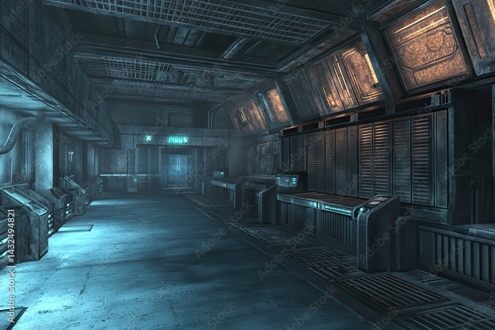 Naklejka premium A clean industrial backdrop in dark grays and faint sky-blue light.