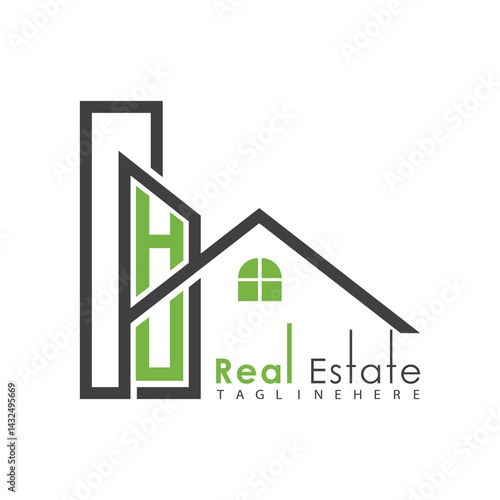 initial monogram logo for real estate with Home and Building shape creative design.	