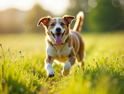 Obraz na płótnie The image shows a dog running energetically through a grassy field with its tongue out, capturing a sense of joy and freedom w salonie