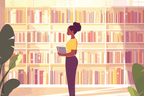 African woman librarian organizing colorful books on a tall bookshelf vector illustration