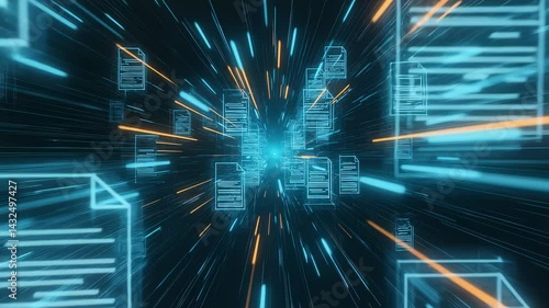 Data Stream Digital documents fly through a futuristic network with glowing neon lights
