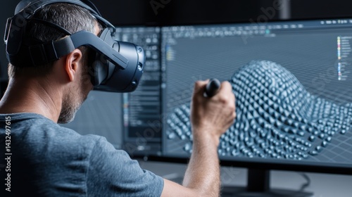 Artist editing 3D model on computer with VR headset and sculpting tool, futuristic studio ideal for metaverse, game dev, and immersive tech visuals, copyspace for text - Creative