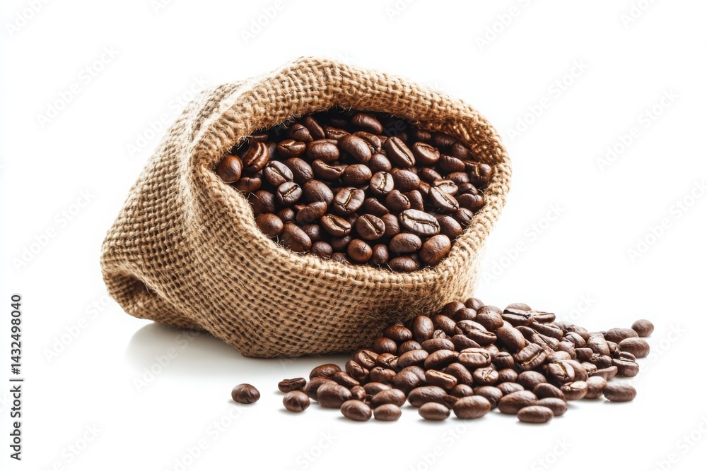 Fototapeta premium Brown roasted coffee beans in a burlap sack offer a dark, rich aroma