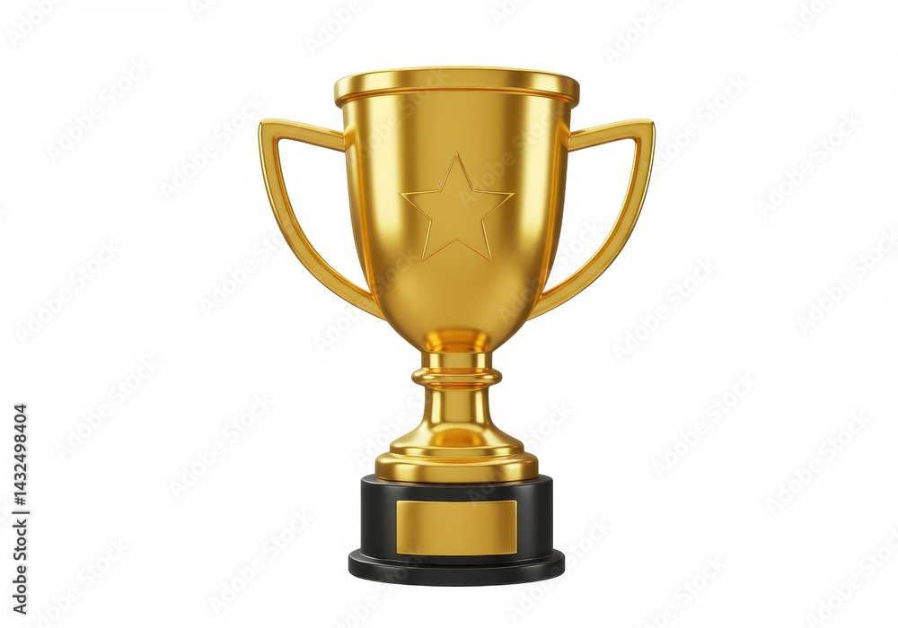 Golden trophy with a star emblem resting on a black base against a clean white background Golden trophy with a star emblem resting on a black base against a clean white background