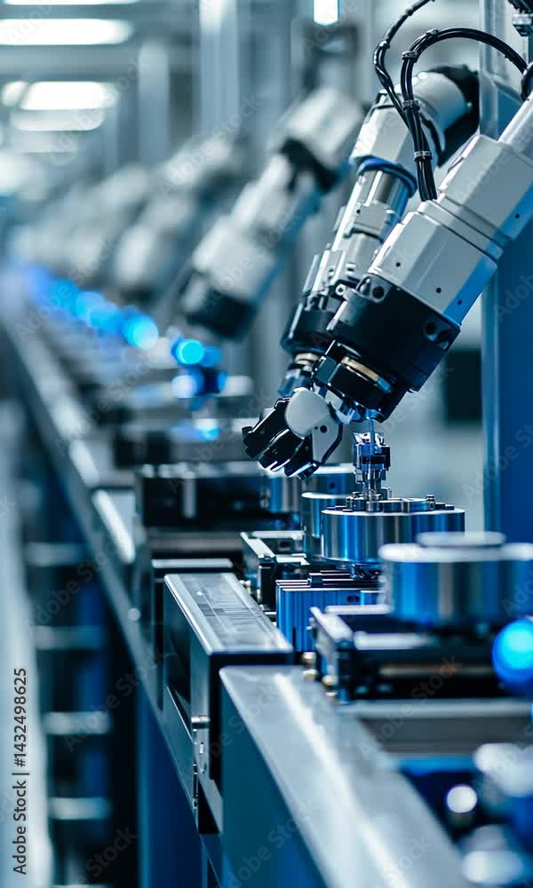 Advanced robotic arms assembling precision components in a high-tech manufacturing facility Advanced robotic arms assembling precision components in a high-tech manufacturing facility