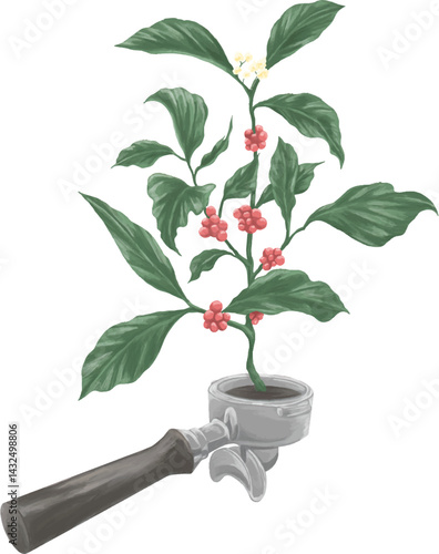Colored drawing painting of portafilter with coffee plant
