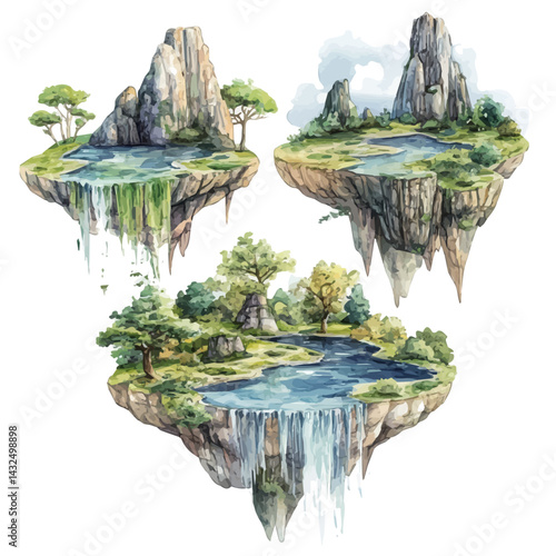 Simulated Virtual World With Floating Islands, watercolor vector, isolated on a white background.