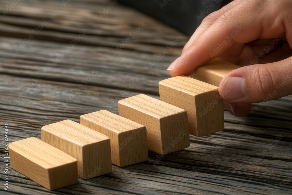 Hand arranging wooden blocks in a progressive stack on a rustic wooden table Hand arranging wooden blocks in a progressive stack on a rustic wooden table