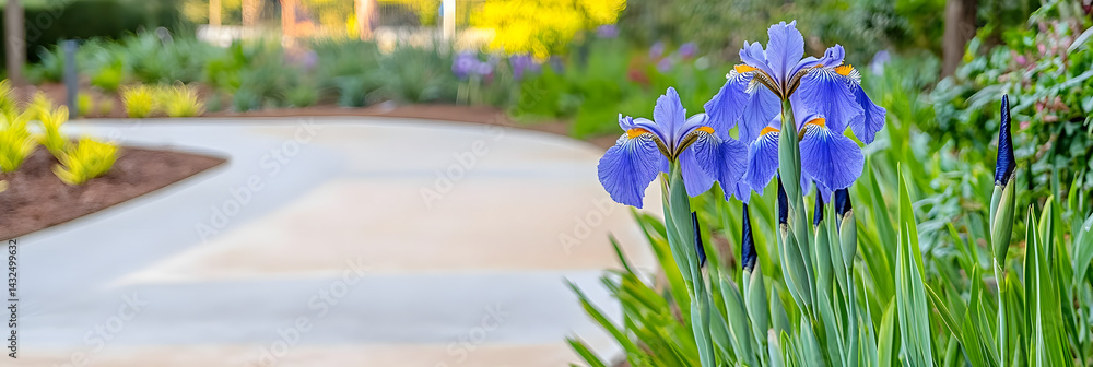 Blue Irises Bloom Near Path, Spring
