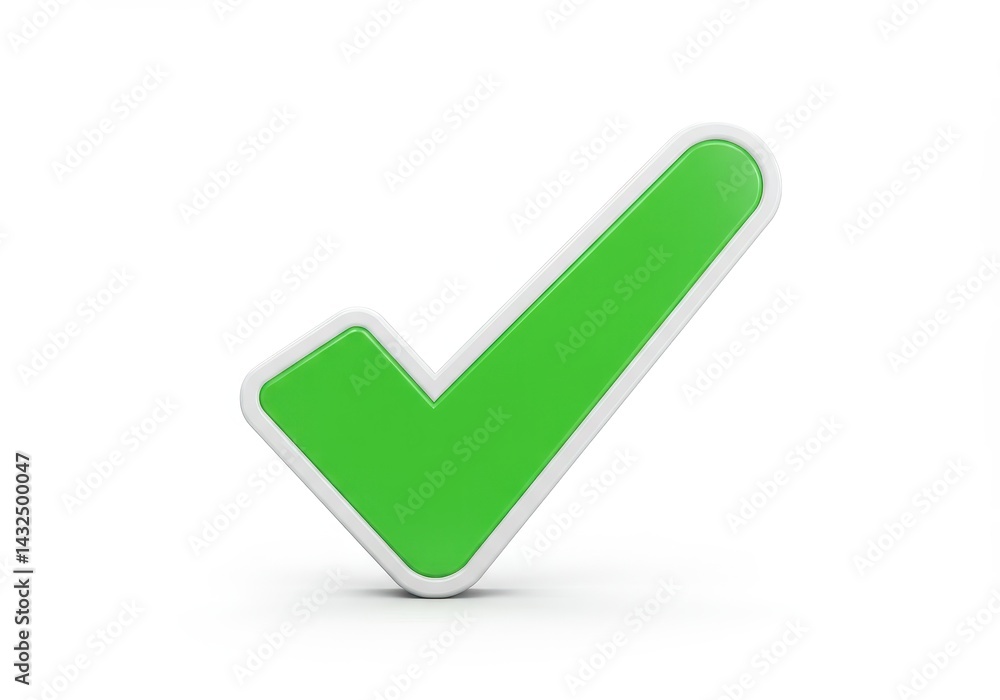 Green check mark with white border against a clean white background in a three dimensional rendering Green check mark with white border against a clean white background in a three dimensional rendering