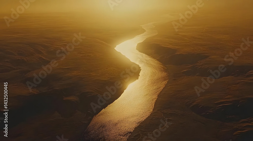 Golden River Flows Through Canyon at Sunset