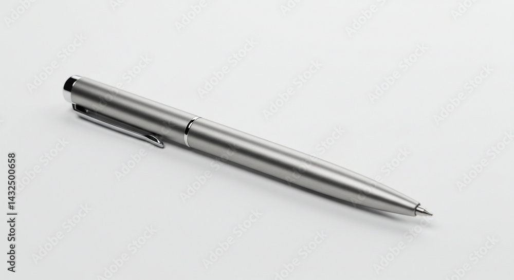 A single silver metal pen with a clip lying diagonally on a white surface in a studio setting A single silver metal pen with a clip lying diagonally on a white surface in a studio setting