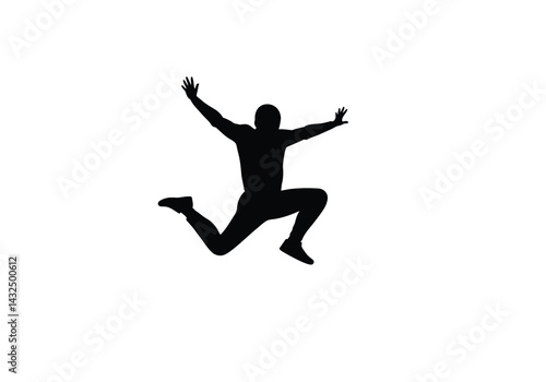 Jump silhouette. This image portrays a black silhouette of a person in mid-air with arms and legs spread, showcasing motion, action, and energy. Vector clipart illustration design.