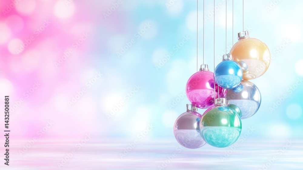 Obraz premium Festive Christmas ornaments in pastel colors. Soft bokeh background