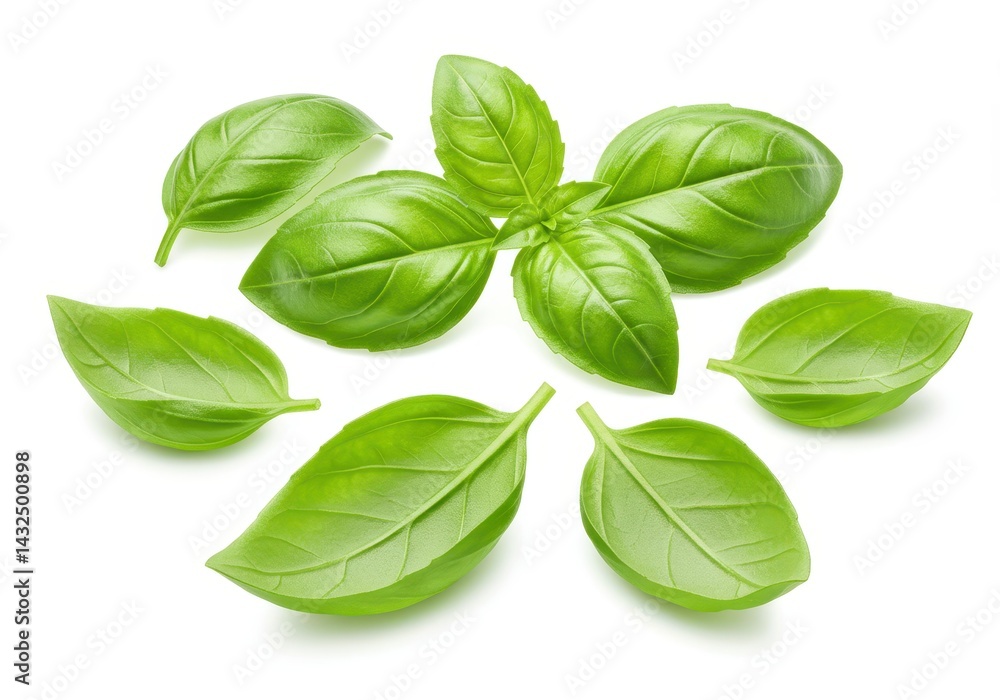 Fresh basil leaves arranged on a white surface, showcasing their vibrant green color and intricate vein patterns Fresh basil leaves arranged on a white surface, showcasing their vibrant green color and intricate vein patterns