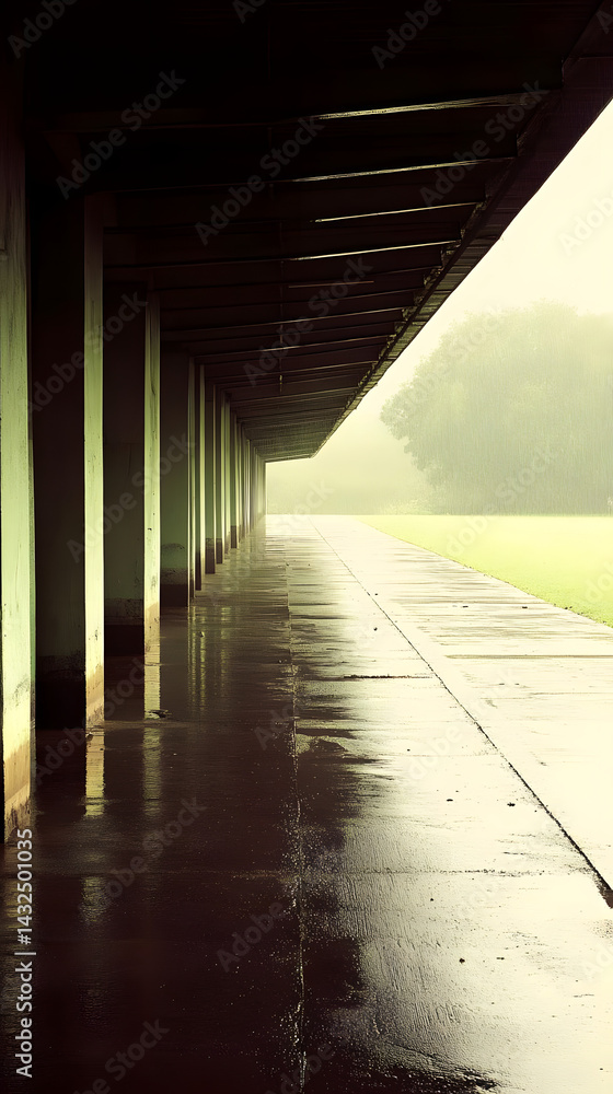 Rainy Day Walkway: Columns and Concrete Path