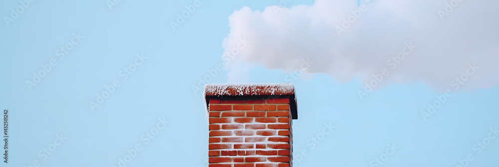 Brick Chimney Emits Winter Smoke, Cold Day