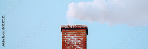 Brick Chimney Emits Winter Smoke, Cold Day