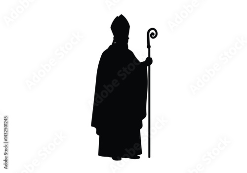 Bishop silhouette. This image shows a black silhouette of a bishop holding a staff, wearing a robe and mitre, representing a religious figure in Christianity. Vector clipart illustration design.