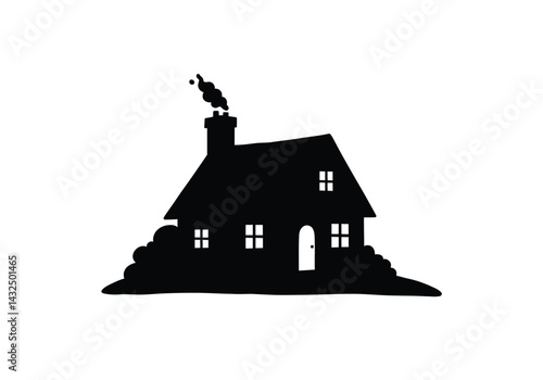 Cottage silhouette. This image shows a black silhouette of a cottage with a chimney emitting smoke, windows, a door, and surrounding bushes. Vector clipart illustration design.