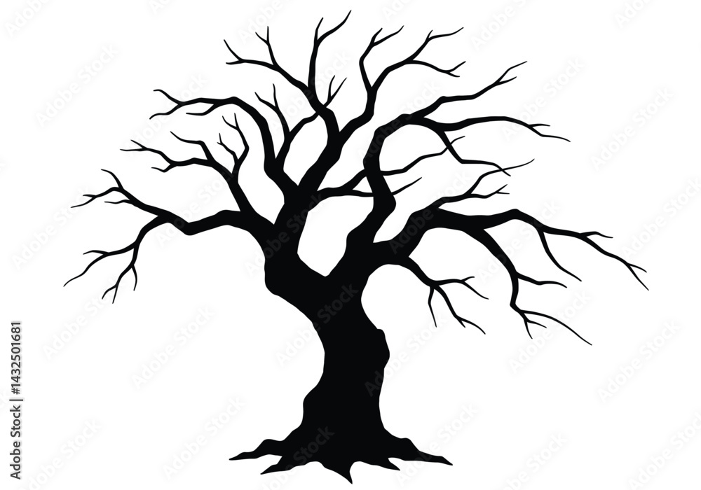 Haunted tree silhouette. This image shows a spooky, eerie, and haunted tree silhouette with bare branches, resembling a ghostly figure. Vector clipart illustration design.