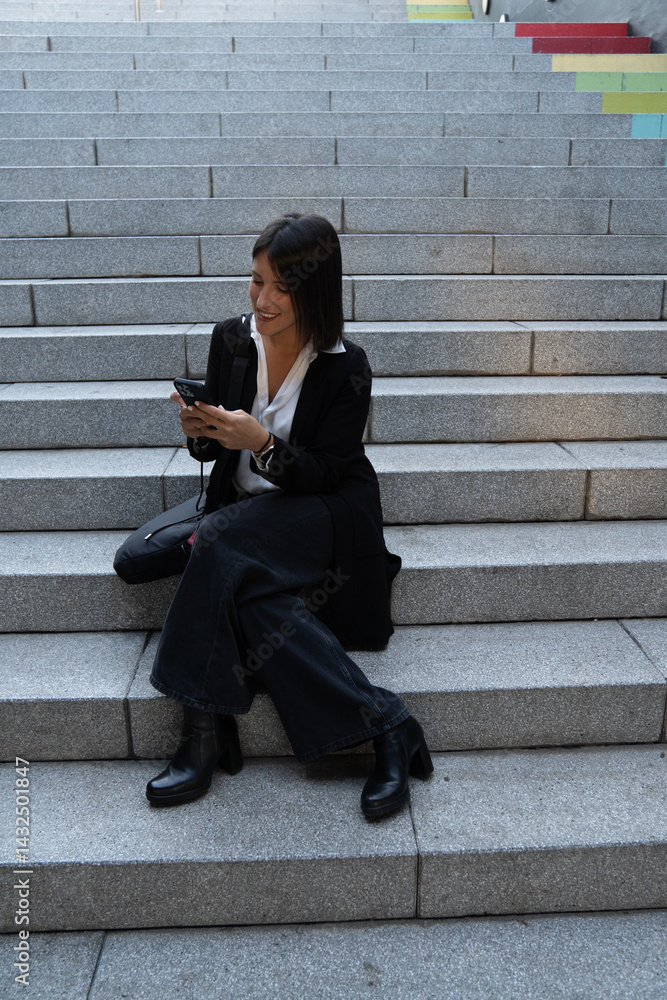 Businesswoman using smartphone while sitting on stairs and smiling Businesswoman using smartphone while sitting on stairs and smiling