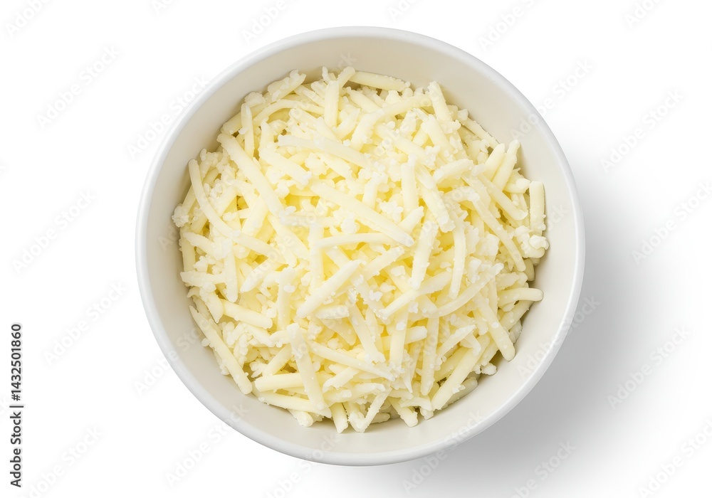 Overhead view of a bowl filled with shredded mozzarella cheese on a white surface Overhead view of a bowl filled with shredded mozzarella cheese on a white surface