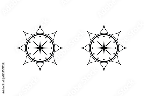 Two Simple Black And White Compass Rose Illustrations For Design And Templates
