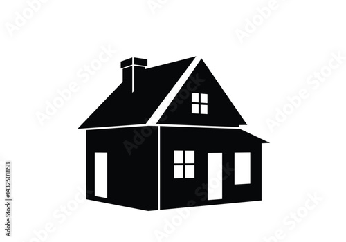 House silhouette. This image shows a black and white vector clipart illustration design of a house silhouette with a chimney, windows, and doors. Vector clipart illustration design.