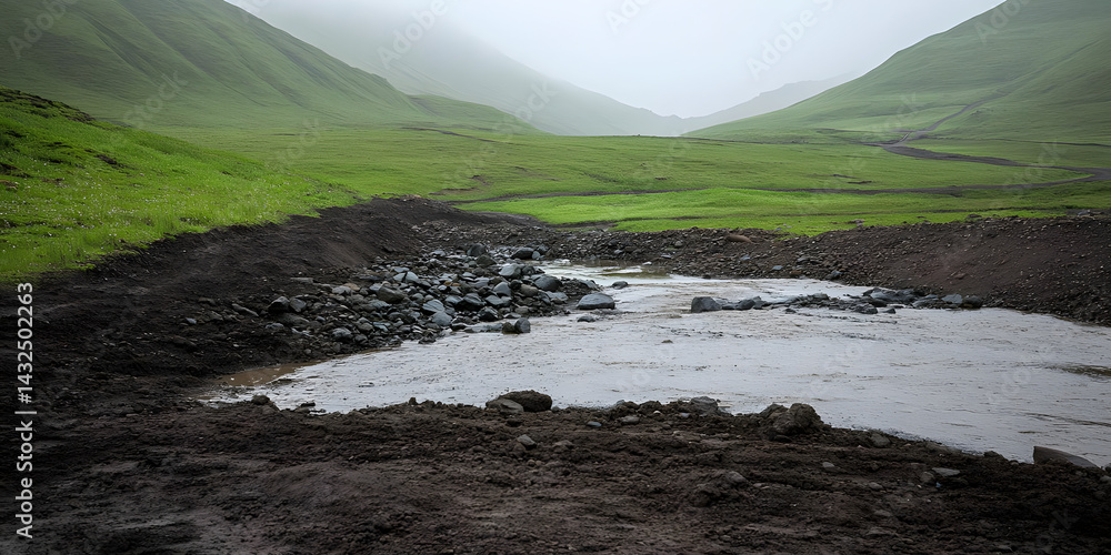 Serene River Flows Through Green Hills