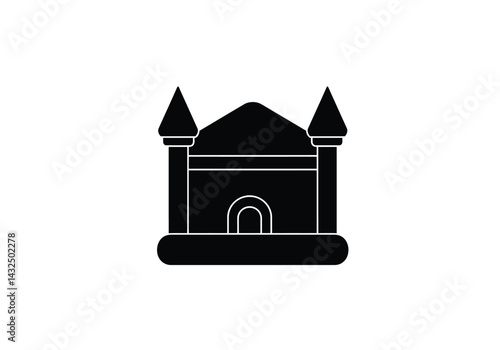 Bounce house silhouette. This image shows a black and white vector clipart illustration design of an inflatable bounce house, also known as a bouncy castle. Vector clipart illustration design.