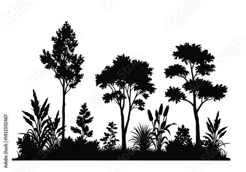 Foliage silhouette. This image shows a black silhouette of various trees and plants against a white background, depicting a natural forest scene. Vector clipart illustration design.