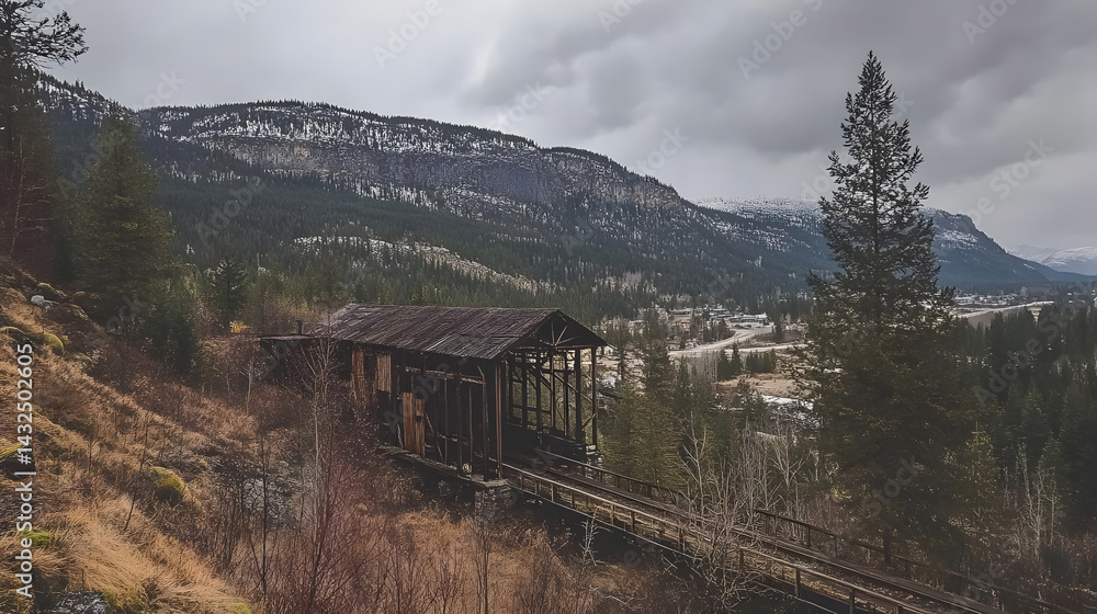 Old Wooden Bridge, Mountain View, Railroad Tracks, Scenic Landscape, Overgrown Vegetation, Cloudy Sky, Winter, Nature, Hiking Trail, Remote Area