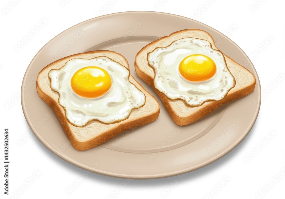 Two slices of toast topped with fried eggs served on a beige plate, breakfast illustration Two slices of toast topped with fried eggs served on a beige plate, breakfast illustration