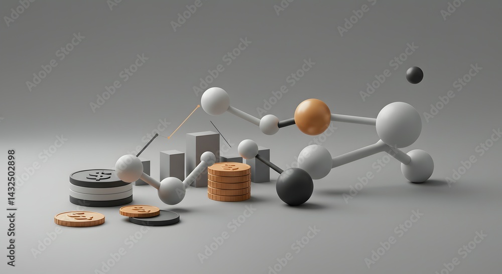 Obraz premium Abstract 3D Render Interconnected Spheres, Coins, and Bars Representing Financial Market Dynamics and Global Economic Trends