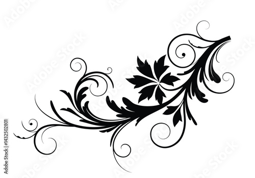 Leaf vine silhouette. This image shows a black floral design with swirling vines and leaves, also known as an ornamental foliage pattern. Vector clipart illustration design.