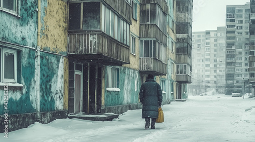 Person in winter coat walks through snowy courtyard beside old Soviet-style apartment blocks during cold, bleak winter day
