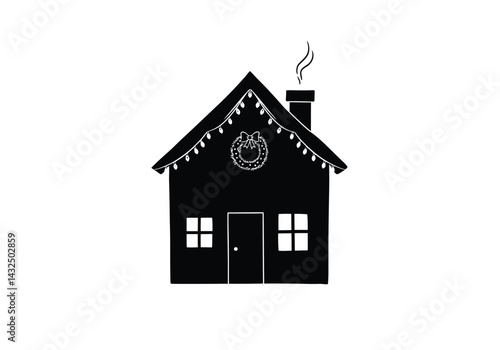 Christmas house silhouette. This image shows a black silhouette of a house decorated for Christmas with a wreath, string lights, and smoke coming from the chimney. Vector clipart illustration design.