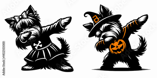 Yorkshire Terrier Dog wear halloween costume and pose dabbing. Funny Animal Vector Clip art. canine attire spooky holiday dab trick.